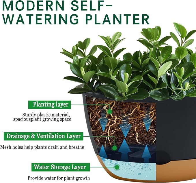 Koalaime 8/10/12 Inch Pots for Indoor Plants, Large Self Watering Planters with Drainage and Saucers, Plastic Outdoor Flower Pot, Set of 3, Grey
