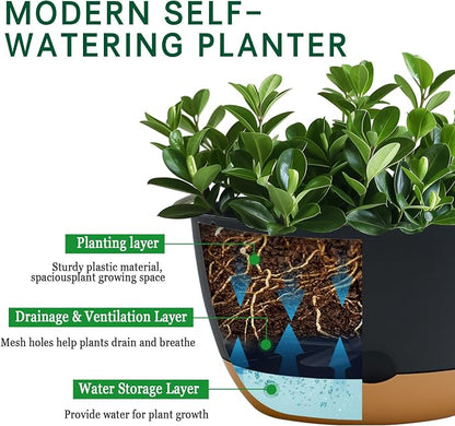 Koalaime 8/10/12 Inch Pots for Indoor Plants, Large Self Watering Planters with Drainage and Saucers, Plastic Outdoor Flower Pot, Set of 3, Grey