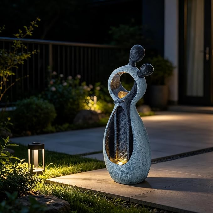 39.8" H Large Outdoor Water Fountain, Floor Garden Waterfall Feature, Modern Abstract Couple Resin Statue with LED Light, Fountain for Porch Yard Backyard Patio, Living Room Decor