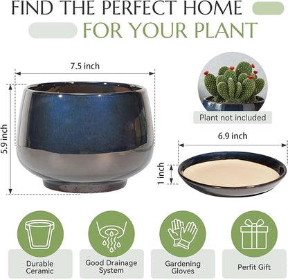 7.5 Inch Flower pots for Indoor Outdoor Plants with Saucer Drainage Leak-Proof Mesh, Ceramic Planter with Gardening Gloves for Succulent and Flower (Metallic Black)