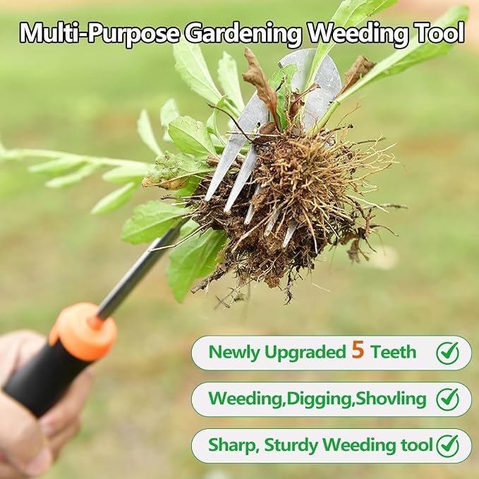 Weed Puller Tool,Newly Upgraded Garden Weeder Stainless Steel Hand Weeder Tool,Multi-Purpose 5 Teeth Weed Remover Tool Weeding Tools for Gardening (Rubber Handle)