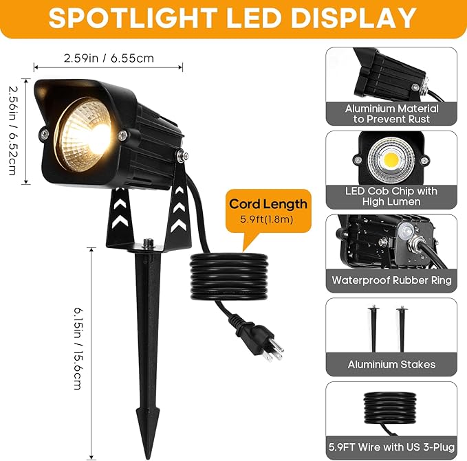 Dusk to Dawn Outdoor Lighting15W Spot Lights Outdoor with Photocell Sensor | 3000K Warm White Landscape Lighting IP65 Waterproof Spotlight for Garden Yard Flag Tree, 5.91FT Cable, US Plug