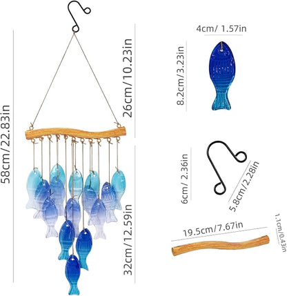Wind Chimes Blue Glass Sea, Garden Wind Chime for Home, Beach Party, Festival Decor, Glass Garden Patio Yard Porch Decoration Indoor/Outside, Lifelike Fish Style