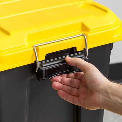 IRIS USA WeatherPro 21 Gallon Lockable Storage Bins with Lids, 4 Pack - Made in USA, Heavy Duty, Stackable Containers, Garage Organizing Tubs, Rugged Sturdy Equipment Utility Box - Black/Yellow