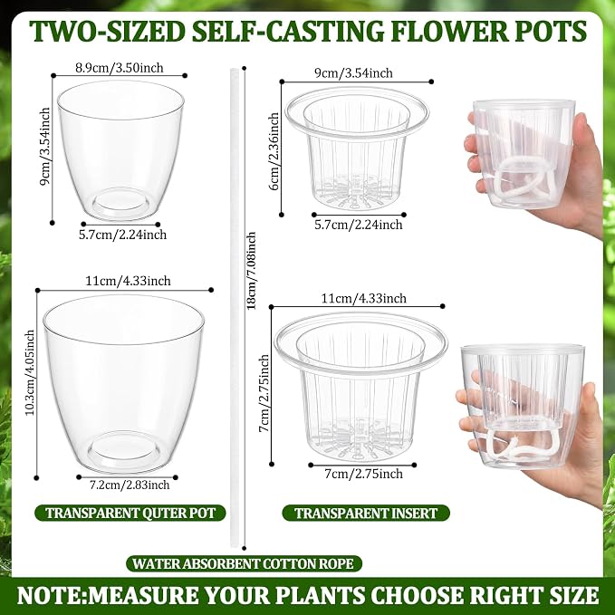 36 Pcs Self Watering Pots 3.5 Inch, 4.3 Inch Plastic Flower Plant Pot with Inner Pot Self Watering Wick Planter White Clear Flower Pots for Indoor House Plants Herbs, Flowers, (Transparent)