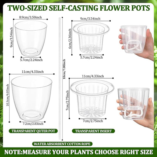 36 Pcs Self Watering Pots 3.5 Inch, 4.3 Inch Plastic Flower Plant Pot with Inner Pot Self Watering Wick Planter White Clear Flower Pots for Indoor House Plants Herbs, Flowers, (Transparent)