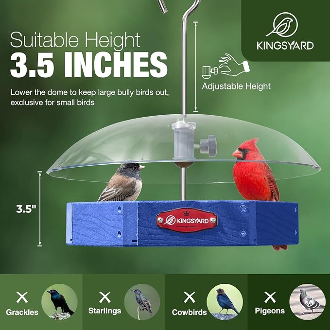 Kingsyard Large Platform Bird Feeder Outdoor Hanging, Adjustable Dome Squirrel Proof Rain Cover, Metal Mesh Tray Recycled Plastic Wild Bird Seed Feeding Station, Blue