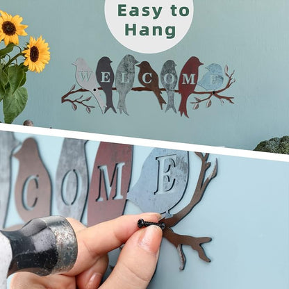 Peryiter Bird Wall Art Birds on Branch Welcome Sign Hanging Outdoor Metal Wall Decor Welcome Signs for Porch Vivid Statue Welcome Wall Decor Tree Silhouette for Bedroom Garden(Vintage Colors)