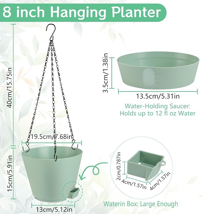 8 Inch Hanging Planters Indoor Outdoor, 3 Pack Plastic Self Watering Plant Pots with Drainage Holes & Saucers, Hanging Baskets Flower Pots with Chain for Ivy, Spider Plant, Pothos, Ferns