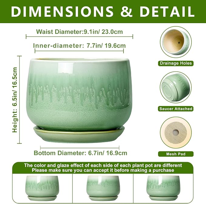 9 Inch Plant Pot - Ceramic Planter with Drainage Hole and Saucer, Decorative Ceramic Pots for Indoor Plants, Round Durable Flower Pot, Office House Patio Decor, Gifts for Plant Lovers, Green