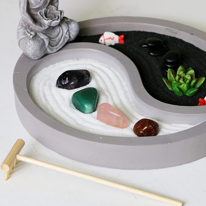 BangBangDa Mini Zen Garden Kit for-Desk - Yin Yang Crystal Sand Rock Garden with Zen Rake Buddha Statue Healing Stones White Sand, Japanese Meditation Gift Set for Home Office Desktop Fidget Toys