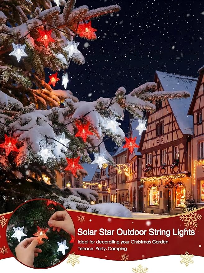 Twinkle Solar Star String Lights Red White Outdoor 39FT /100 L Fairy Lights | 8 Modes Camping Garden Wedding Party Tree Holidays Backyard Patio