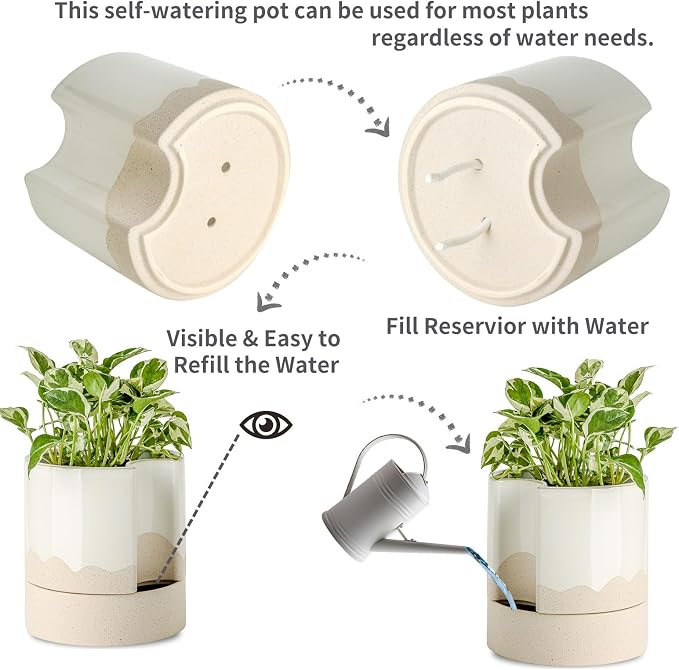 Nihow Ceramic Self Watering Plant Pot for Indoor Plants,8 Inch,White & Wave | Planter with Cotton Wick, Drainage Hole & Water Storage Plus, Cylinder Round Flower Pot, For Succulent/Herbs/Violets
