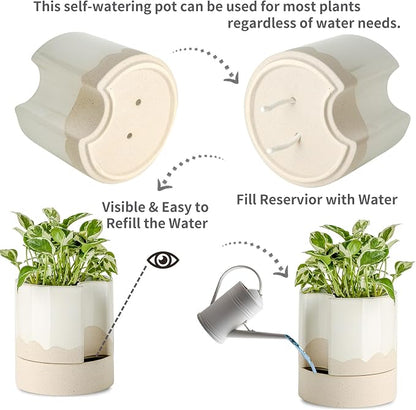 Nihow Ceramic Self Watering Plant Pot for Indoor Plants,8 Inch,White & Wave | Planter with Cotton Wick, Drainage Hole & Water Storage Plus, Cylinder Round Flower Pot, For Succulent/Herbs/Violets
