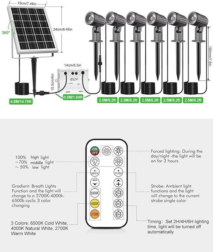 Cly 6 in 1 Solar Spotlights Landscape Outdoor Garden, Solar Powered Lights | IP66 Waterproof Landscape Lighting with Remote 18M Cable for Garden, Lawn, Patio, 2700K/4000K/6500K