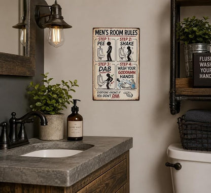 Men's Room Rules Funny Metal Sign, Vintage Bathroom Humor Wall Decor, Retro Restroom Step Guide Plaque for Man Cave Garage Bar Home Bathroom Decor 8x12 Inch