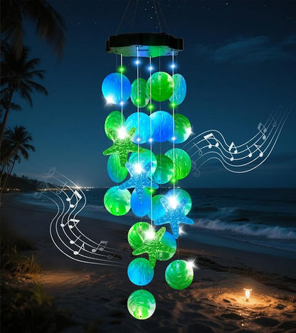 (New) Gift for Women Wife Sister Grandma Mom, Solar Wind Chimes, 2 Modes Natural Shells Outdoor Wind Chime for Garden Yard Window Decor - Blue&Green