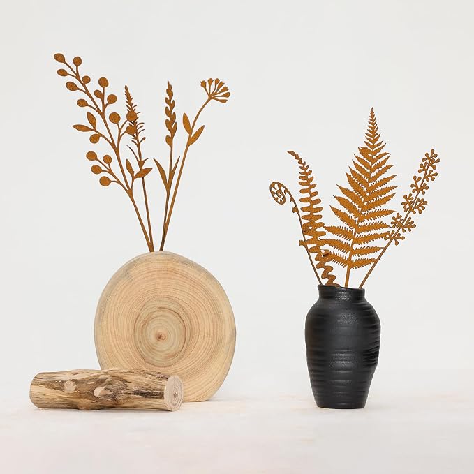 8-Piece Fern & Leaf Metal Garden Stakes | Flower Bed Accent, Pot and Patio Display, Rustic Metal Finish, Yard Art Style