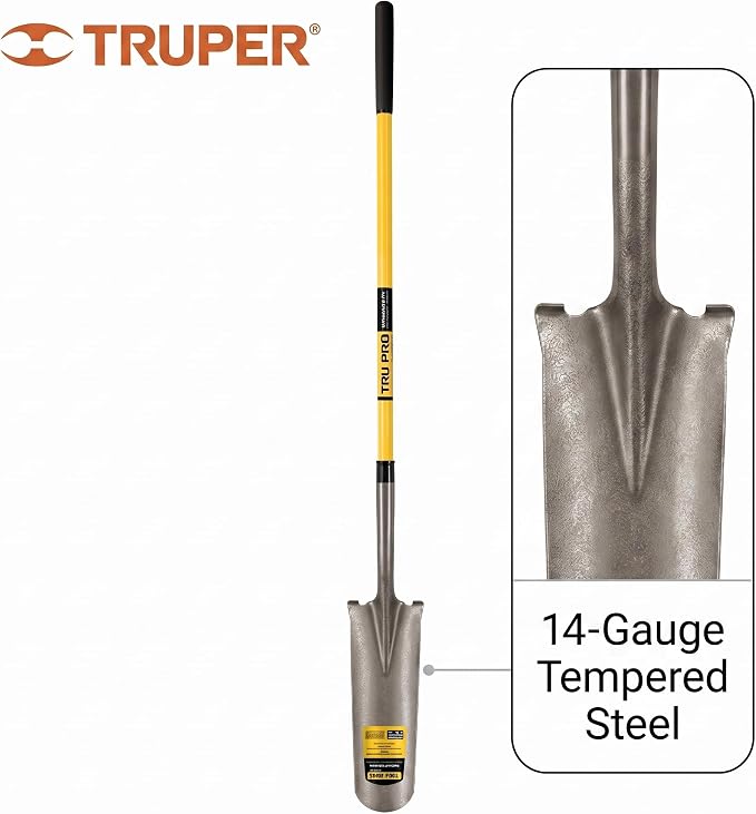 Truper Tru Pro 16-Inch Drain Spade, 48-Inch Professional Fiberglass Handle with 9-Inch Cushion Grip, 14-Gauge Tempered Steel Sharpshooter (Model 31286 / PEP-16FL)