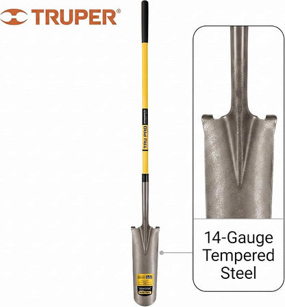 Truper Tru Pro 16-Inch Drain Spade, 48-Inch Professional Fiberglass Handle with 9-Inch Cushion Grip, 14-Gauge Tempered Steel Sharpshooter (Model 31286 / PEP-16FL)