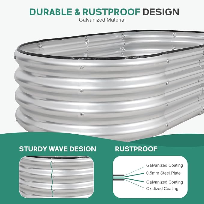 Galvanized Raised Garden Bed - 4×2×1ft (2 Packs) Planter Raised Beds for Gardening | Oval Metal Garden Planter Box with Safety Edging and Gloves for Vegetables Fruits and Flower - Silver