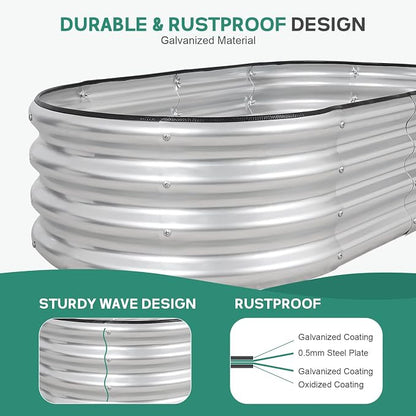 Galvanized Raised Garden Bed - 4×2×1ft (2 Packs) Planter Raised Beds for Gardening | Oval Metal Garden Planter Box with Safety Edging and Gloves for Vegetables Fruits and Flower - Silver