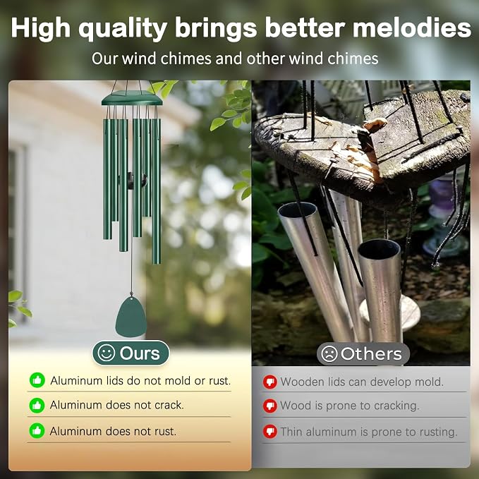 Wind Chimes Outdoor Outside - 6 Tubes 26" Memorial Garden Chime,Retirement & Sympathy Gift for Outdoor Patio Yard Decoration, Retired Gift for Mom Women Grandma Neighbors Green