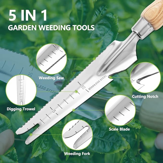 Berry&Bird Garden Hand Weeding Trowel, 5-in-1 Stainless Steel Weeder Puller | 13.2'' Garden Weeding Tool with Wooden Handle, Weed Puller & Digging Knife for Weeder Removal Planting Transplanting Cutting