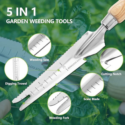 Berry&Bird Garden Hand Weeding Trowel, 5-in-1 Stainless Steel Weeder Puller | 13.2'' Garden Weeding Tool with Wooden Handle, Weed Puller & Digging Knife for Weeder Removal Planting Transplanting Cutting