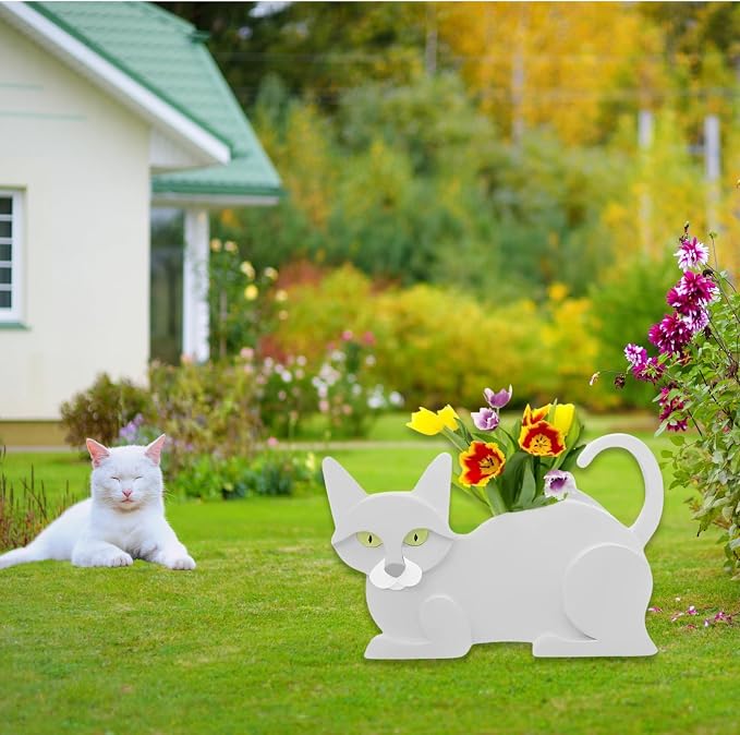 White Cat Planter Pots, 12.5 x 5.6 x 7.8 Inches | Cat Flower Pot, Cute Animal Shaped Plant Pot, Gifts for Women & Pet Lovers, Indoor Outdoor Garden Home Office Decor
