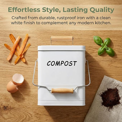 Tlence 1.7 Gallon Kitchen Compost Bin, Countertop Food Waste Pail with Handles, Odorless Composting Bucket with Carbon Filters, Indoor Small Food Scrap Composter for Trash Waste, White