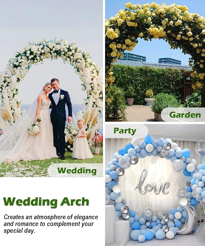Queension Metal Wedding Arch | for Ceremony Party Decoration 8Ft Wide 7Ft High,Garden Arch Trellis with Ground Bases for Climbing Plants,Outdoor Garden Arbor for Roses Vines, Round Frame, Gold