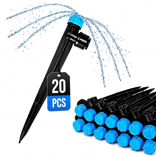 Bonviee 20-Pack 1/4-Inch Quick-Connect Adjustable Drip Emitters, Stream | Push-to-connect stakes deliver targeted watering for vegetables, shrubs, flower beds, and garden plants.
