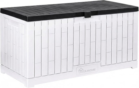 YITAHOME Large Deck Box 120 Gallon Resin Outdoor Storage Box | Patio Storage Bin for Outdoor Pillows, Garden Tools and Pool Supplies, Waterproof, Lockable, Grayish-White