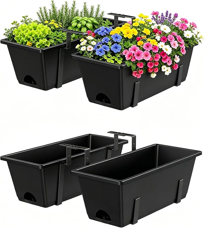 Railing Planter Box Adjustable Window Boxes Planters Set of 2, Black Hanging Balcony Planters with Removable Brackets, 17 Inch Outdoor Plastic Flower Pots for Fence, Deck Railing, Porch, Patio Garden