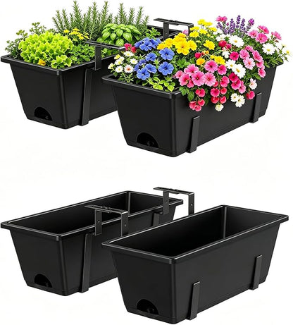 Railing Planter Box Adjustable Window Boxes Planters Set of 2, Black Hanging Balcony Planters with Removable Brackets, 17 Inch Outdoor Plastic Flower Pots for Fence, Deck Railing, Porch, Patio Garden