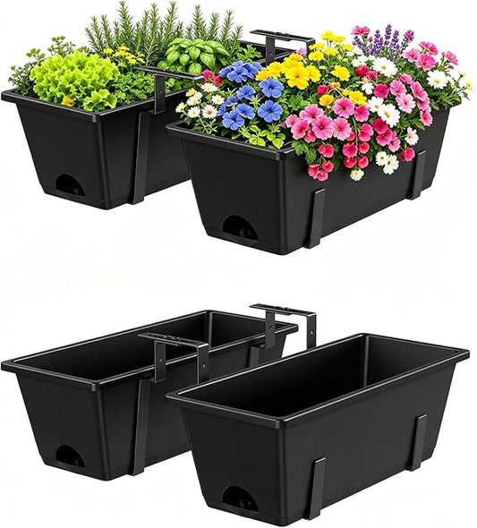 Railing Planter Box Adjustable Window Boxes Planters Set of 2, Black Hanging Balcony Planters with Removable Brackets, 17 Inch Outdoor Plastic Flower Pots for Fence, Deck Railing, Porch, Patio Garden