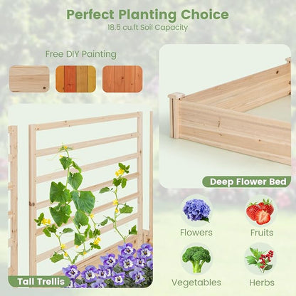 Giantex Raised Garden Bed with 3 Trellises, 88"x45"x43" Wooden Planter Box with 2 Growing Section, Outdoor Elevated Garden Bed for Vegetables Flowers Herbs & Climbing Plants Cucumber, Easy Assembly