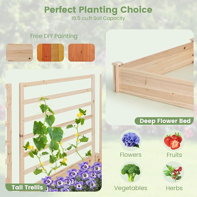 COSTWAY Raised Garden Bed with 2 Planter Boxes & 3 Trellises, Outdoor Wooden Planter Kit for Flowers, Herbs, Vegetables, Fruits & Climbing Vines, Elevated Garden Planter for Patio, 88"L x 45"W x 43"H