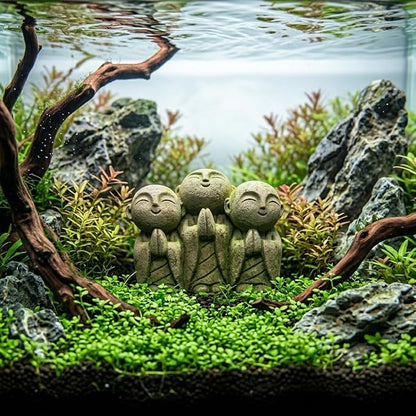 Triple Jizo Monk Statue, Sandstone Figurine for Zen Aquarium Decor | Triple Jizo monk sandstone figurine with connected design for aquarium decor, bonsai displays, and minimalist zen spaces