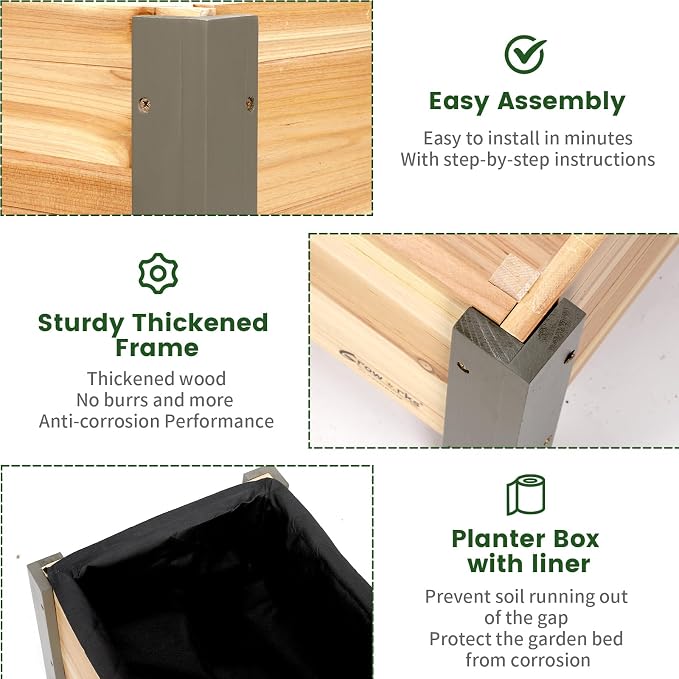 Raised Garden Bed for Kids - 30”L*16”W*24”H Elevated Wooden Planter Box Stand, Backyard, Patio, Balcony w/Bed Liner, 170lb Capacity (Green)