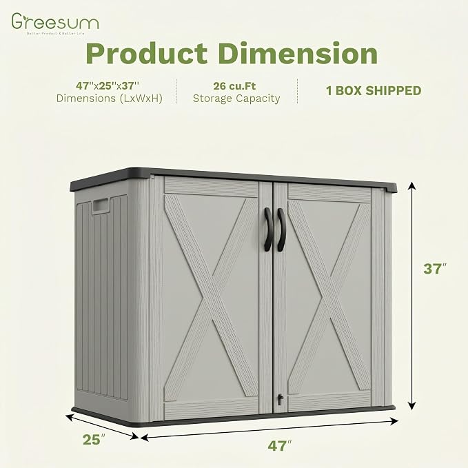 Greesum Outdoor Storage Cabinet, 26 CUFT Deck Box Without Shelves, Waterproof Plastic Storage Shed for Patio Cushions, Gardening Tools, Lockable and Sidehandles, UV Resistant, Beige