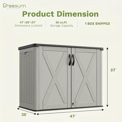 Greesum Outdoor Storage Cabinet, 26 CUFT Deck Box Without Shelves, Waterproof Plastic Storage Shed for Patio Cushions, Gardening Tools, Lockable and Sidehandles, UV Resistant, Beige