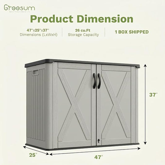 Greesum Outdoor Storage Cabinet, 26 CUFT Deck Box Without Shelves, Waterproof Plastic Storage Shed for Patio Cushions, Gardening Tools, Lockable and Sidehandles, UV Resistant, Beige