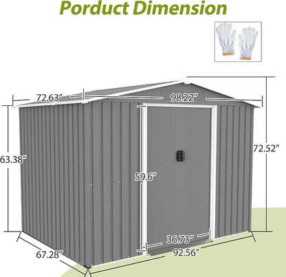 YOPTO 8X6 FT Outdoor Storage Shed with Roof,Waterproof House Tool Cabinet W/Metal Foundation & Lockable Doors,for Shovels,Umbrellas,Antennas,Escalators,Gray