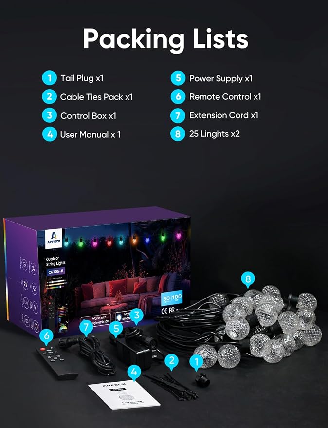 APPECK RGBW Outdoor String Lights 150ft for Patio, with 75 LED Bulbs | IP65 Waterproof, 111 Scene Modes, Dimmable Warm White, Individual Control, Music Sync, Compatible with Alexa & Google