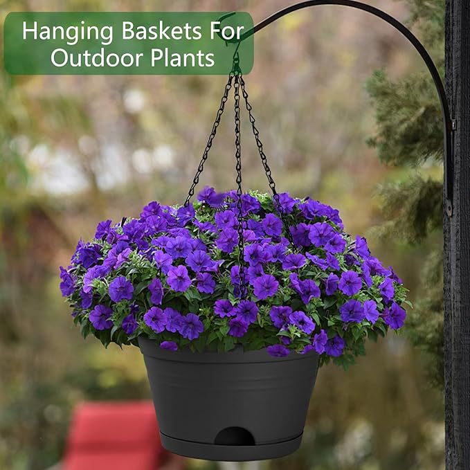 Nooulap 6 Pack Hanging Planters, 10 Inch Hanging Pots, Black | Plastic Hanging Plant Pot, Outdoor Indoor Use, with 40cm Chains and Drainage Trays, Hanging & Place Flower Pots