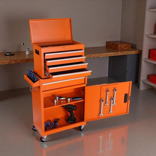 Tool Chest, 5-Drawers Rolling Tool Storage Cabinet with Detachable Top, Adjustable Shelf, Lockable Wheels & Locking Mechanism, Multifunctional Tool Cart for Garage Warehouse, Orange