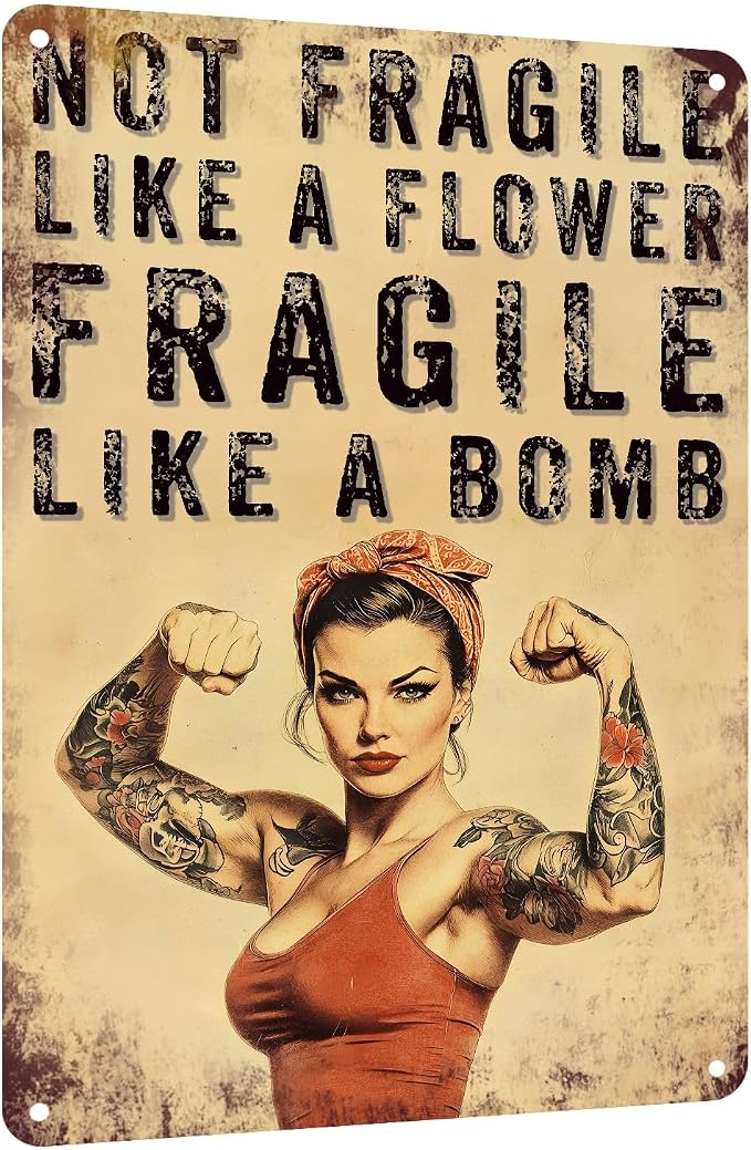 PEACHGARDEN Home Gym Decor for Women, Not Fragile Like a Flower Fragile Like a Bomb Aluminum Metal Sign, Vintage Fitness Girl Wall Decor, Motivational Workout Room Poster for Garage Gym, 8x12 Inch