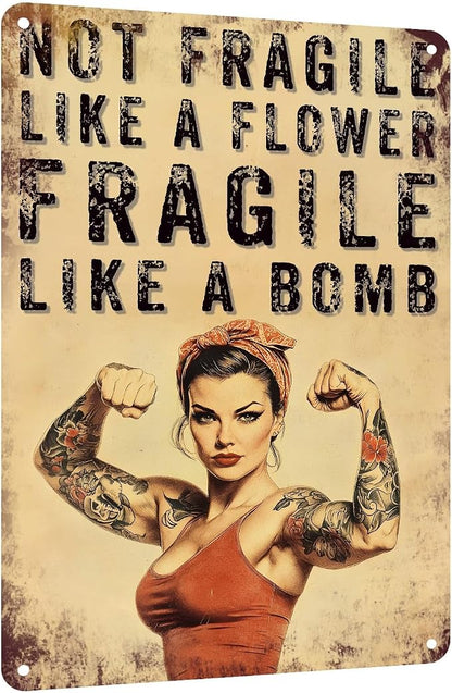 PEACHGARDEN Home Gym Decor for Women, Not Fragile Like a Flower Fragile Like a Bomb Aluminum Metal Sign, Vintage Fitness Girl Wall Decor, Motivational Workout Room Poster for Garage Gym, 8x12 Inch
